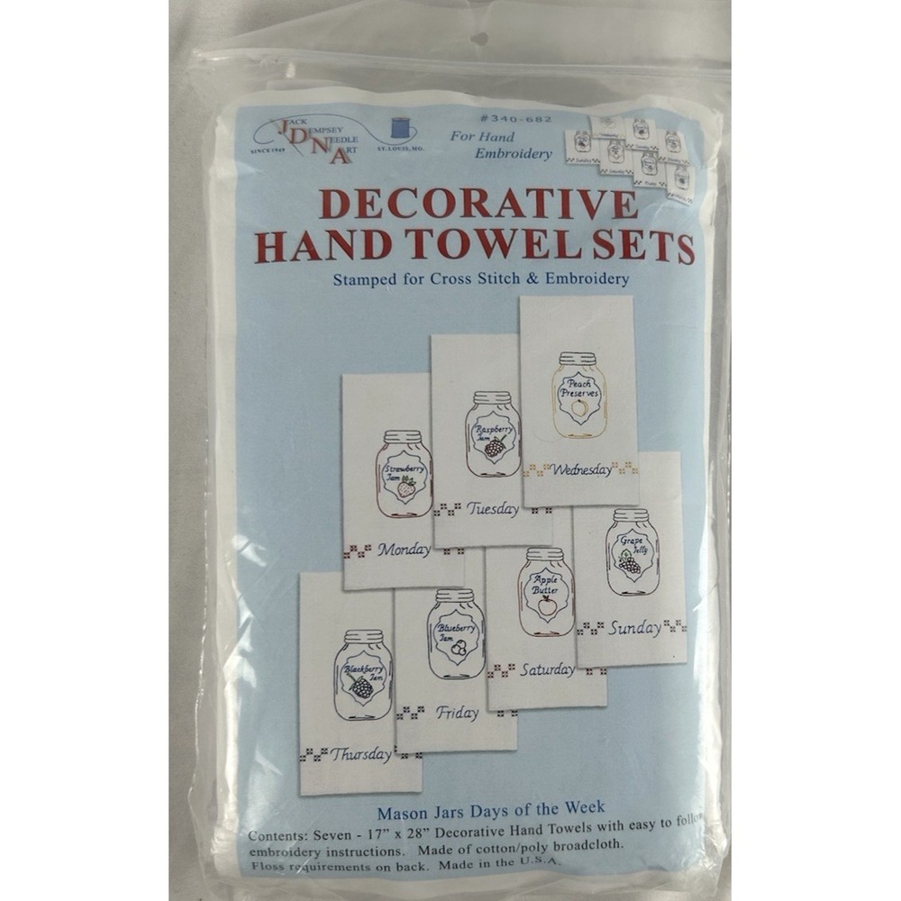 JDNA Decorative Hand Towel Set Mason Jars Days Of The Week Stamped New